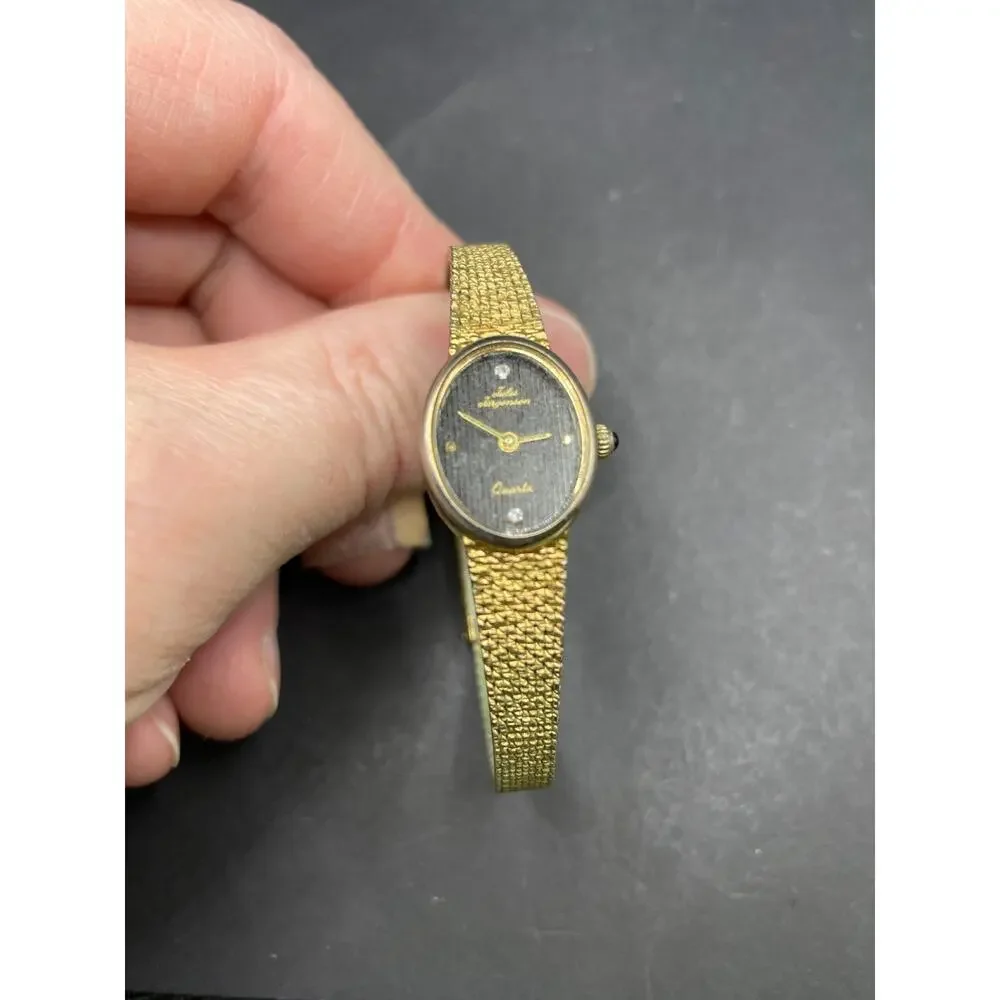 Vintage Jules Jurgensen Quartz Diamond Oval Gold Tone Ladies Watch 4461